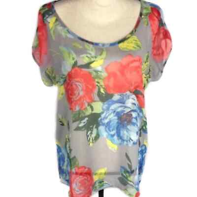 #ad ROUTE 66 Women’s Beach Cover up Tunic Top Gray Floral Chiffon Sheer Med $13.70