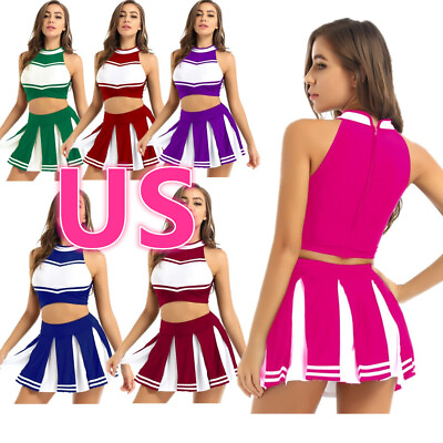 US Women Cheer Leader Crop Top with Pleated Mini Skirt Outfits Halloween Costume $21.73
