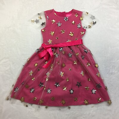 #ad HOLLIE HASTIE Party Dress Girl#x27;s 11 12 Age Pink Tulle Short Sleeve Star Sequin $23.99