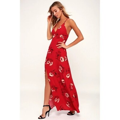 #ad Lulus Dueling Pianos Red Floral Print Maxi Dress Medium $32.00