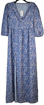 #ad NWOT Womens 3 4 sleeve blue white floral maxi dress w front slit medium $14.99