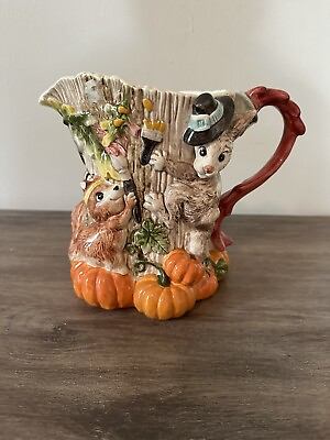#ad #ad Fitz and Floyd Paint Party Fall Pumpkin Pitcher Fox Squirrel Rabbit Tree Trunk $30.00