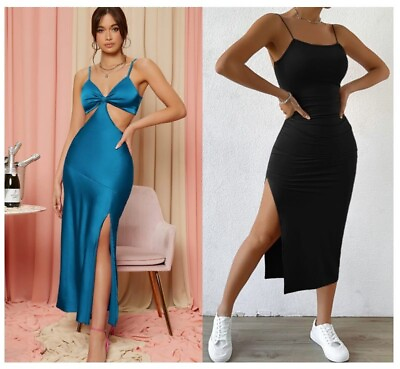 #ad Womens Shein Long Maxi Dress Lot Tied Cami Twist Backless Split Thigh Teal Sz M $16.50