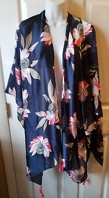 #ad Catherines Navy Floral Print Beach Cover Up Tunic Open Front One Size $17.99