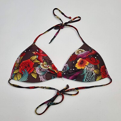 #ad Bamboo Island Women Swimwear Medium Red Floral Bikini Push Up Halter Wireless $6.61