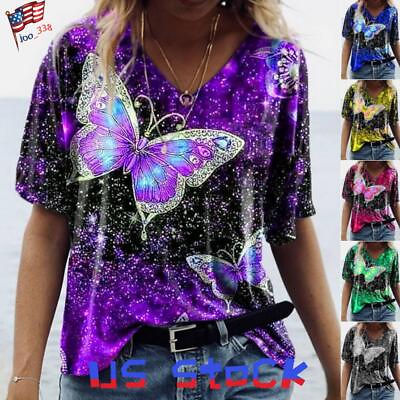 #ad #ad Womens Summer V Neck Butterfly Tops T Shirt Ladies Casual Loose Blouse Plus Size $13.67