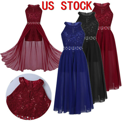#ad US Floral Lace Rhinestone Girls Princess Dress Birthday Party Dance Maxi Dress $12.65