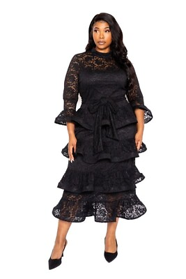 #ad Women#x27;s Plus Size Black Belted Tiered Lace Maxi Dress $115.56