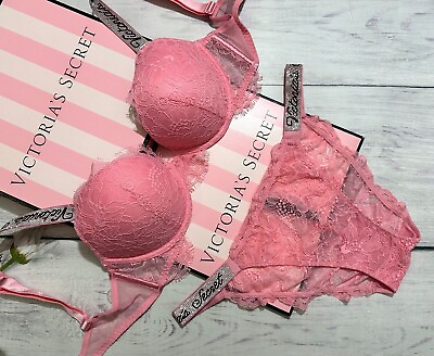 #ad Victoria’s Secret Shine Strap Very Sexy Lace Push Up Bra Bikini Set Pink Roses $95.00