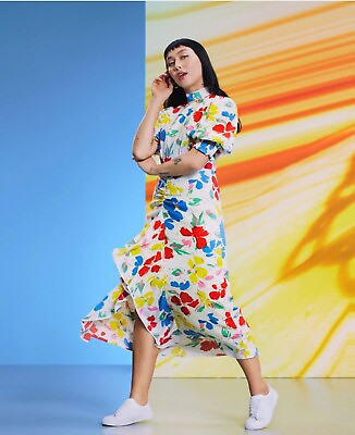 #ad RIXO Target White Multi Floral Mock Neck Cascade Ruffle Maxi Dress Sz 0 NWT $19.89