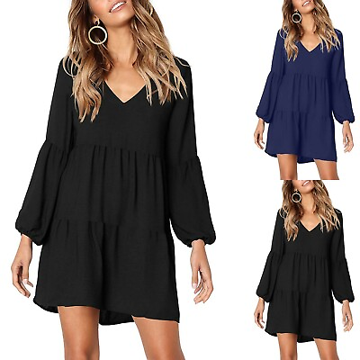 Women Fashion Summer Long Sleeve Loose Casual Tops Mini Shirt Beach Dress V Neck $17.18