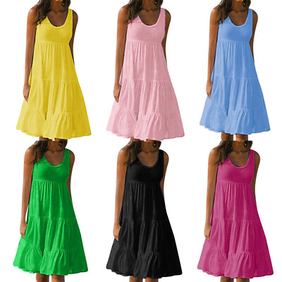 #ad Women Large Swing Beach Skirts Solid Color Sleeveless O Neck Beach Sundresses US $13.96