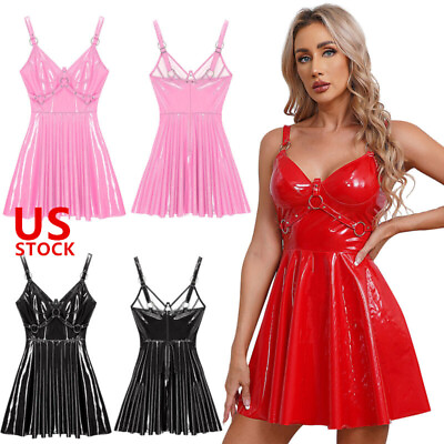 #ad Women#x27;s Sexy PU Leather Dress Wet Look Prom Costume Shiny Party Dresses Clubwear $18.74