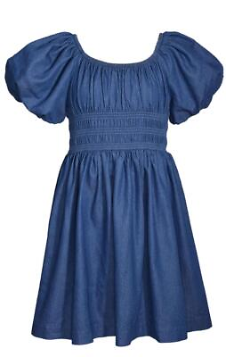 #ad Bonnie Jean Girls Denim Short Sleeve Pheasant Dress with Smocked Bodice $39.99