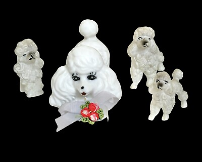 #ad #ad Small Porcelain Poodle Dog MCM Lot Kitsch Decor Japan Set 4 White Gray Mini $15.88
