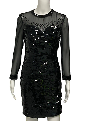 Evening cocktail women#x27;s black dress beaded sequined long sleeve size Small $25.41
