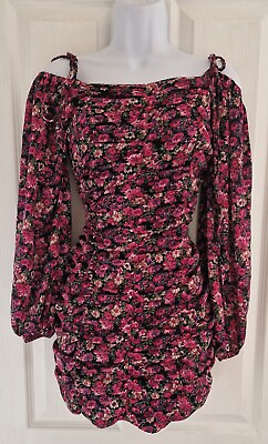 #ad #ad Women#x27;s Prettylittlething Dress Uk8 Mini Black Pink Floral Party Long Sleeve GBP 19.00