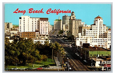 Long Beach CA California Ocean Blvd Hotels Business Section Aerial View Postcard $6.98