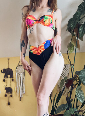 #ad Vintage 90s Swimsuit Bikini 2 Piece Tropical V High Rise Underwire Beach Summer $39.77