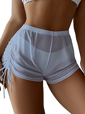 #ad MakeMeChic Women#x27;s Drawstring Sheer Mesh Bikini Bottom Beach Cover Up Shorts $44.98