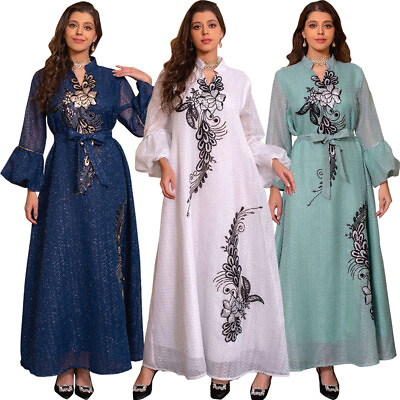 #ad Dubai Women Muslim Maxi Dress Islamic Long Sleeve Kaftan Loose Moroccan Gown New $44.61