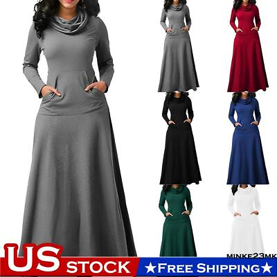 #ad Womens Casual Pocket Maxi Dress Ladies Long Sleeve High Neck Pullover Dresses $25.01