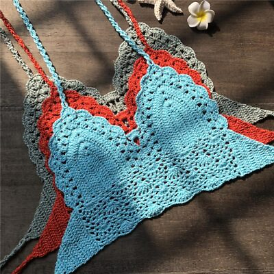 Women Bikini Crop Top Crochet Boho Bralette Halter Cami Knitted Bra Tank Tops US $6.99