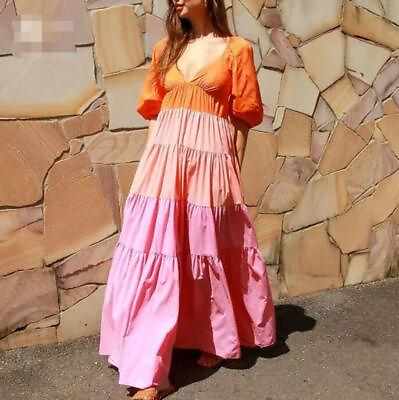 Womens 2022 Multicolor Deep V Neck Short Sleeves Stitching Flared Maxi Dress SUN $31.27