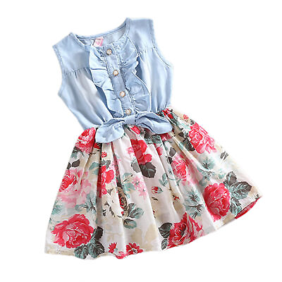 #ad Girls Dress Floral Print Splicing Girls Denim Stitching Summer Dress Pullover $11.89