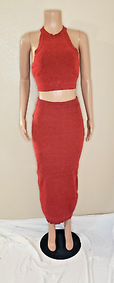 #ad Red Two Piece Cropped Top Bodycon Skirt Set $24.99