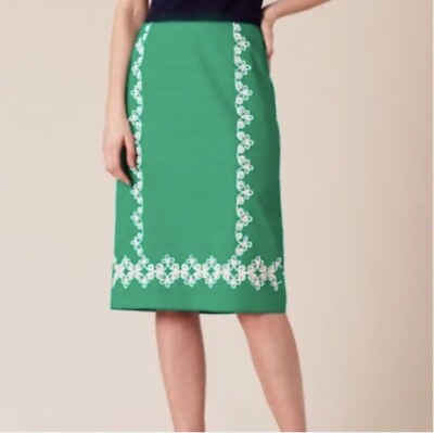 #ad Boden Green amp; White Seville Embroidered Sheath Career Pencil Skirt Size 12 $19.88