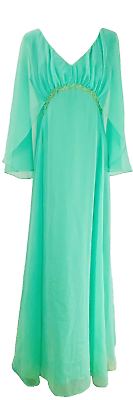 #ad Vintage 70s Formal Green Sleeveless Maxi Dress Sheer Cape Size Medium Union Made $93.50