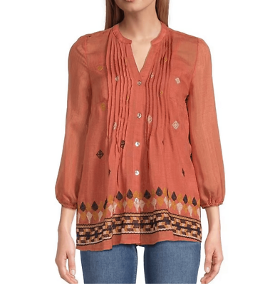 #ad Figueroa amp; Flower Boho Top Burnt Orange Embroidered Button Front Women’s Petite $26.88