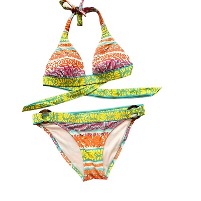 #ad Victoria’s Secret Sz Small Bikini 2 pc Swimsuit Padded Boho D Ring Orange Green $26.95