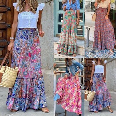#ad Womens Boho Floral Long Maxi Skirt Ladies High Waist Beach Ruffle Swing Dress US $9.29