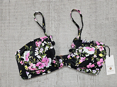 #ad Shade amp; Shore Tunneled Front Ruffle Bikini Top Small 4 6 Black Floral Print $13.99