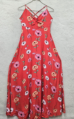 #ad Forever 21 Women Dress Large Orange Floral Rayon Blend Strappy Flared Aline Maxi $20.69