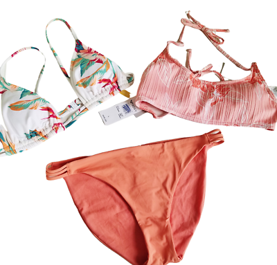 #ad #ad Roxy Bikini Beach Classics 3p Set Sz L Lahaina Bay Tiki Swimsuit Bralette $63.03