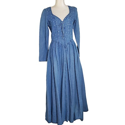 Vintage Denim Dress Size 8 Long Button Front Blue Jean Maxi Full Circle Jewels $85.00