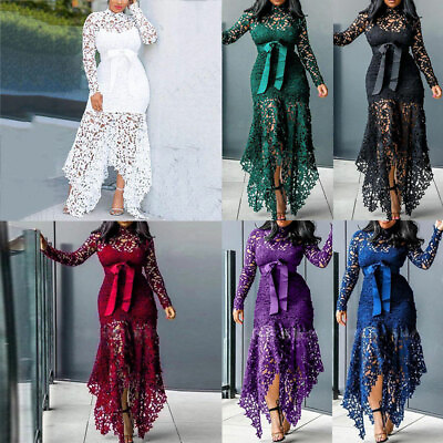 Women Plus Size Long Sleeve Maxi Party Fishtail Fashion Lace Dress Solid Bodycon $32.20