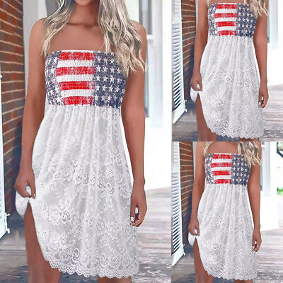 #ad Women USA American Flag Print Sleeveless Party Dress Holiday Sundress July 4ths $12.63