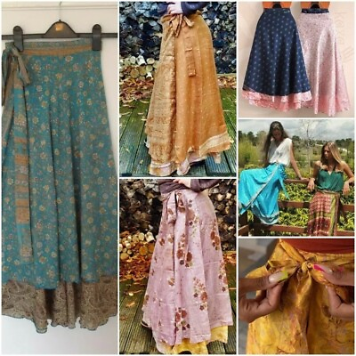 #ad Indian Silk Skirts Handmade Vintage Silk Skirt Bohemian Skirts Wrap sari... $15.00