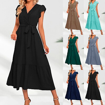 #ad Women#x27;s V Neck Short Sleeve Boho Midi Dress Tie Waist A Line Beach Sun Dresses $32.00