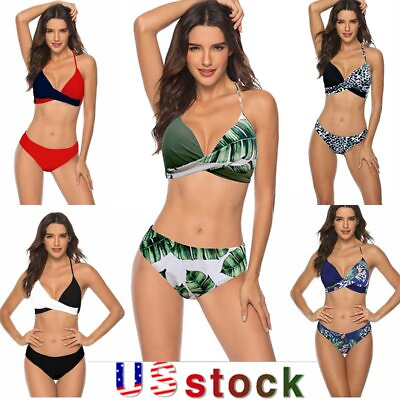 #ad #ad Women Swimsuits Bathing Suit Halter Leaf Print Sexy Push Up Bikinis Set Swimwear $16.99
