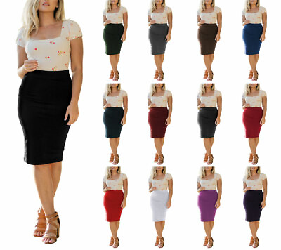 High Waist Stretchy Bodycon Cotton Fitted Midi Knee Length Office Pencil Skirt $16.95