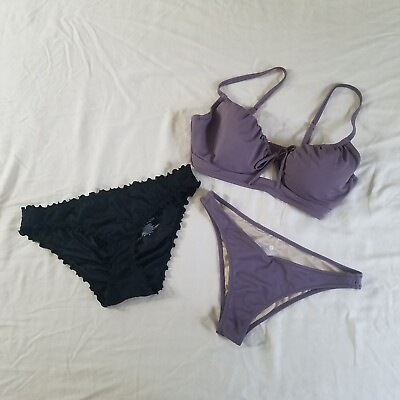 #ad Shade Shore Purple amp; Black Bikini Ruffles 3 Piece Set Small Medium 36 C Cup $4.97