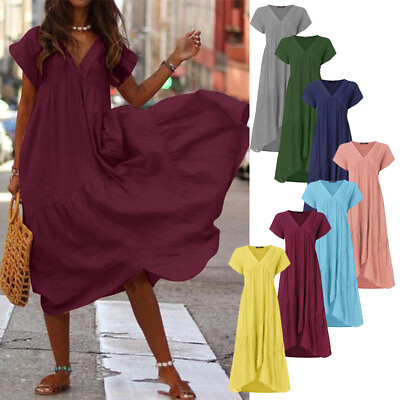 Women Linen Cotton Maxi Dress Holiday Beach Layered Tiered V Neck Long Dress US $22.68