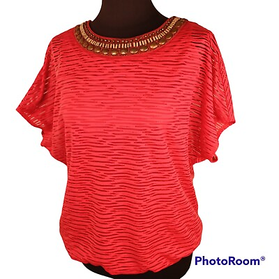 #ad Top Blouse Shirt Medium Red Embellished Boho AGB Vintage $17.99