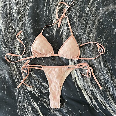 #ad Romwe Pink Checkerboard Print Pattern Two Piece Bikini Thong Swimsuit New Sz M $12.00