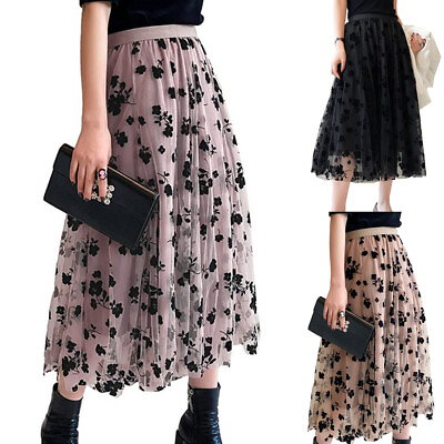 #ad Summer Women Tulle Mesh Skirt Elastic High Waist Layers Pleated Skirt Long Dress $19.79
